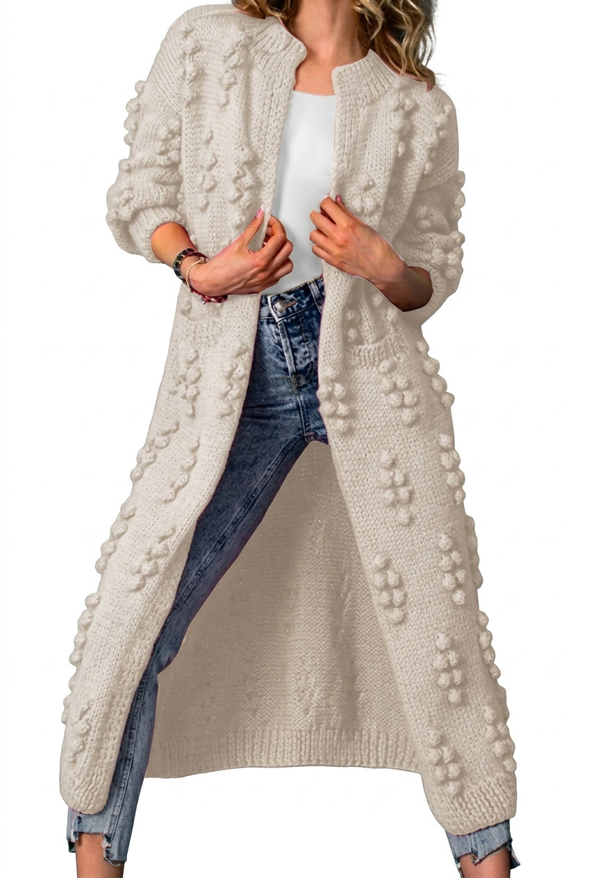 Długi damski kardigan z dzianiny z pomponami-Cardigan for women-Olave