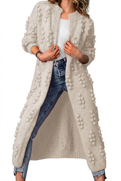Długi damski kardigan z dzianiny z pomponami-Cardigan for women-Olave