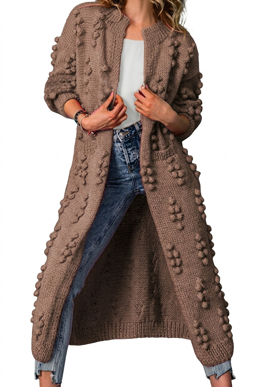 Długi damski kardigan z dzianiny z pomponami-Cardigan for women-Olave