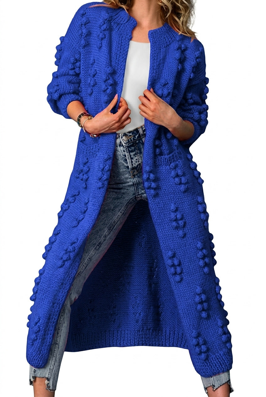 Długi damski kardigan z dzianiny z pomponami-Cardigan for women-Olave