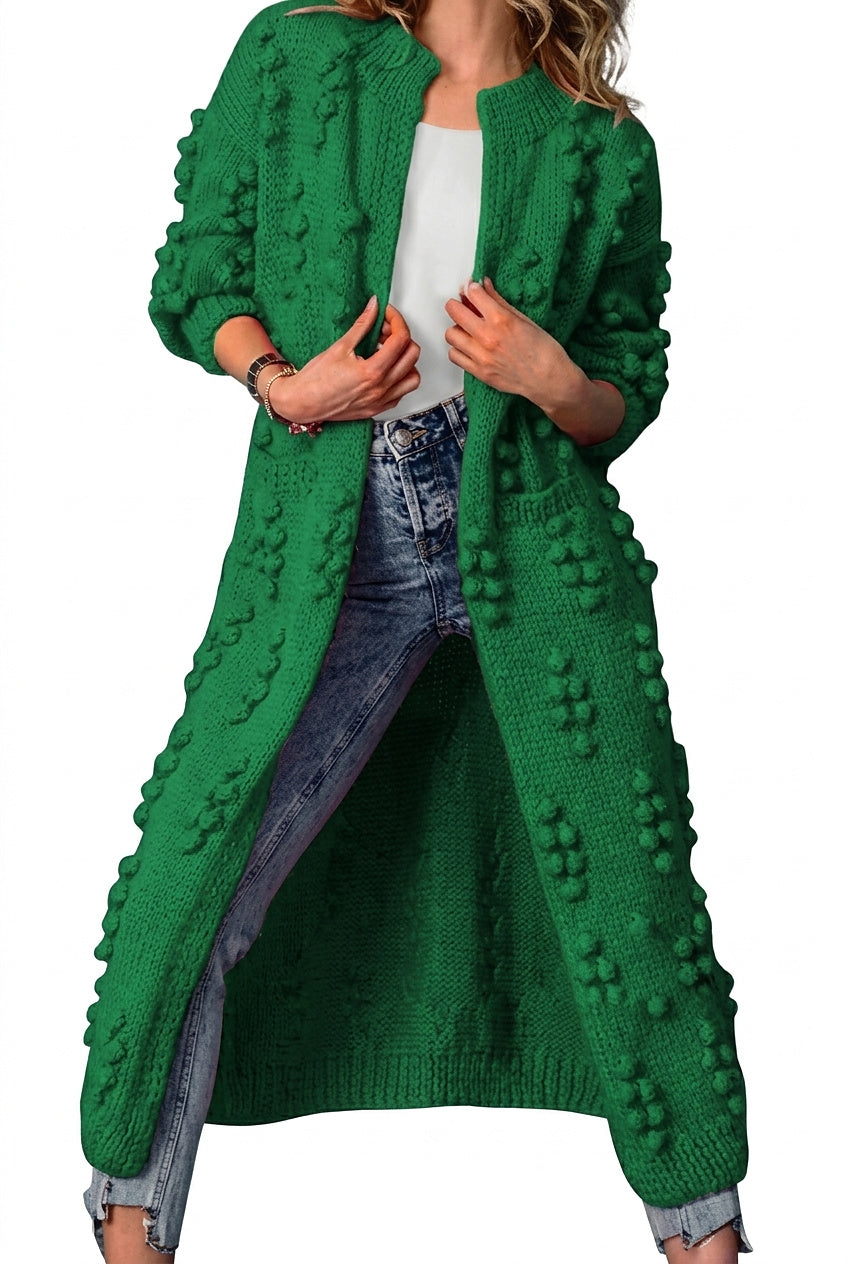 Długi damski kardigan z dzianiny z pomponami-Cardigan for women-Olave