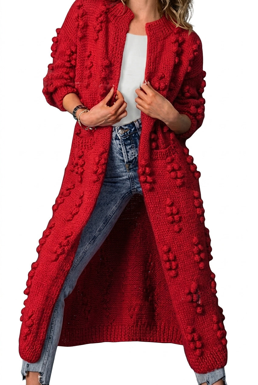Długi damski kardigan z dzianiny z pomponami-Cardigan for women-Olave