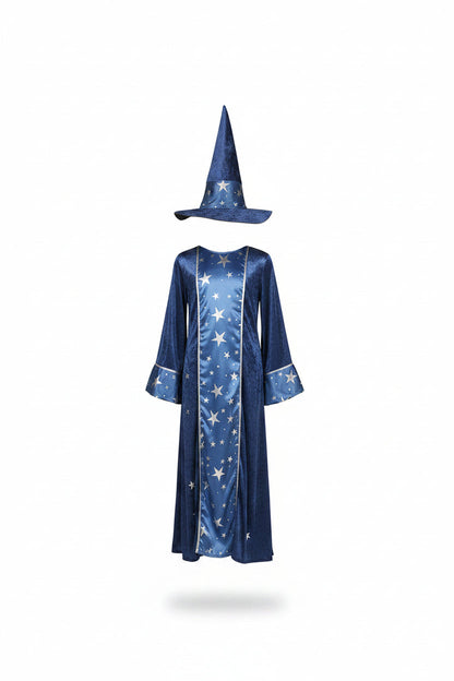 Kostium czarodzieja unisex z nadrukiem gwiazd i kapeluszem-Halloween-Olave