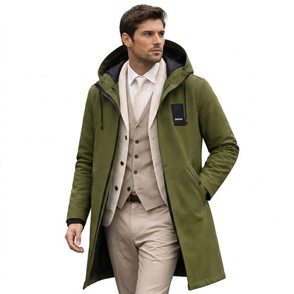 Męska długa kurtka z kapturem, sznurkiem i zamkiem błyskawicznym-Jackets for men-Olave