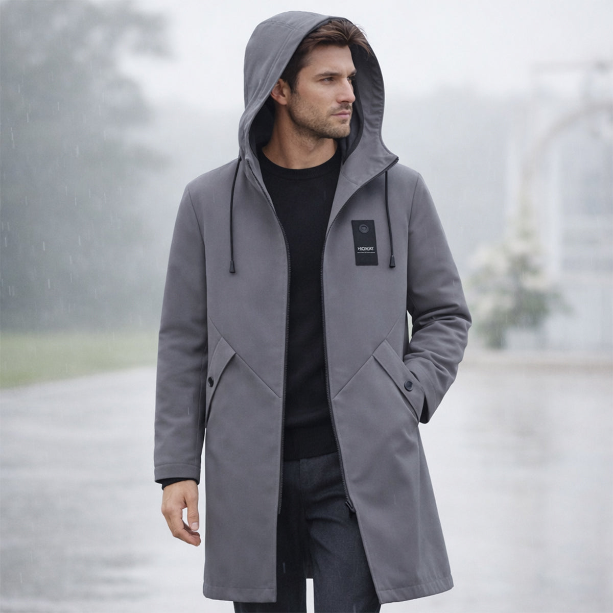 Męska długa kurtka z kapturem, sznurkiem i zamkiem błyskawicznym-Jackets for men-Olave