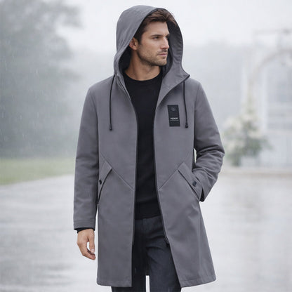 Męska długa kurtka z kapturem, sznurkiem i zamkiem błyskawicznym-Jackets for men-Olave