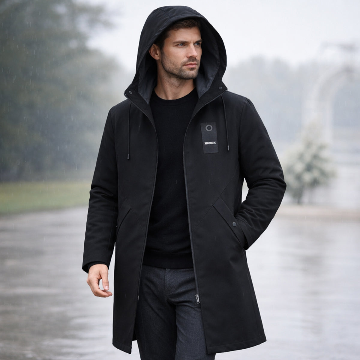Męska długa kurtka z kapturem, sznurkiem i zamkiem błyskawicznym-Jackets for men-Olave