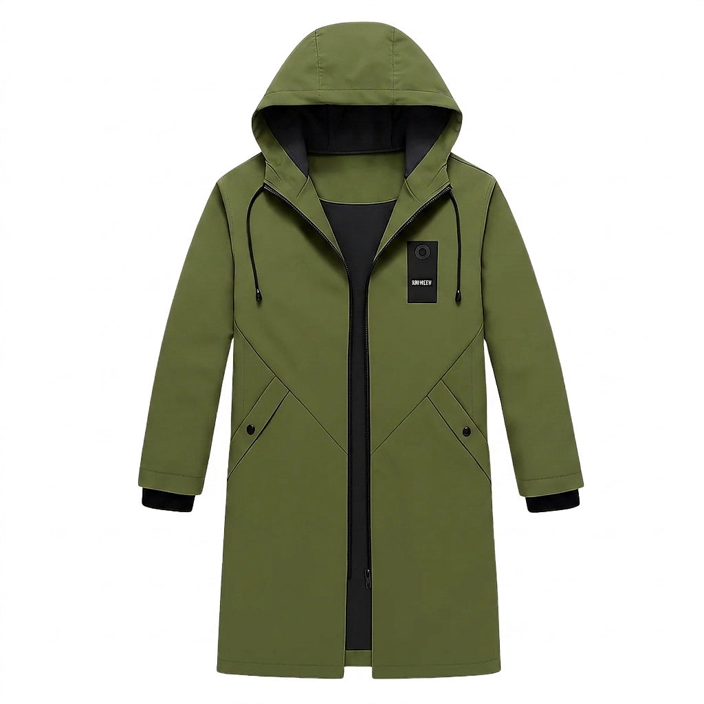 Męska długa kurtka z kapturem, sznurkiem i zamkiem błyskawicznym-Jackets for men-Olave
