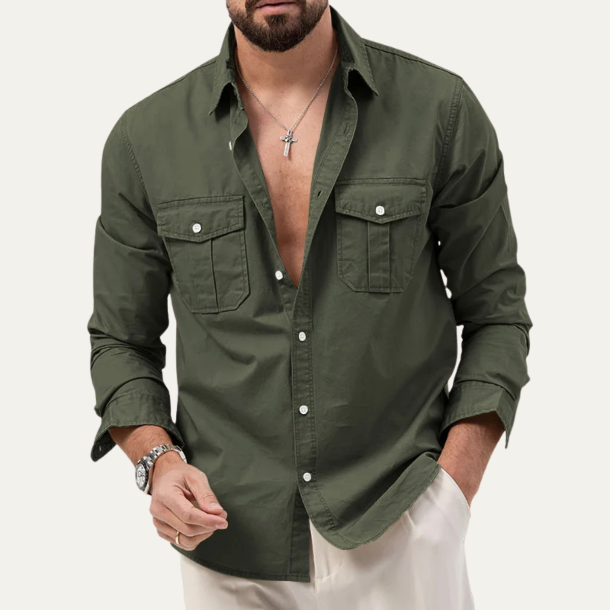 Męska koszula z długim rękawem i dwiema kieszeniami na piersi-Shirts for men-Olave