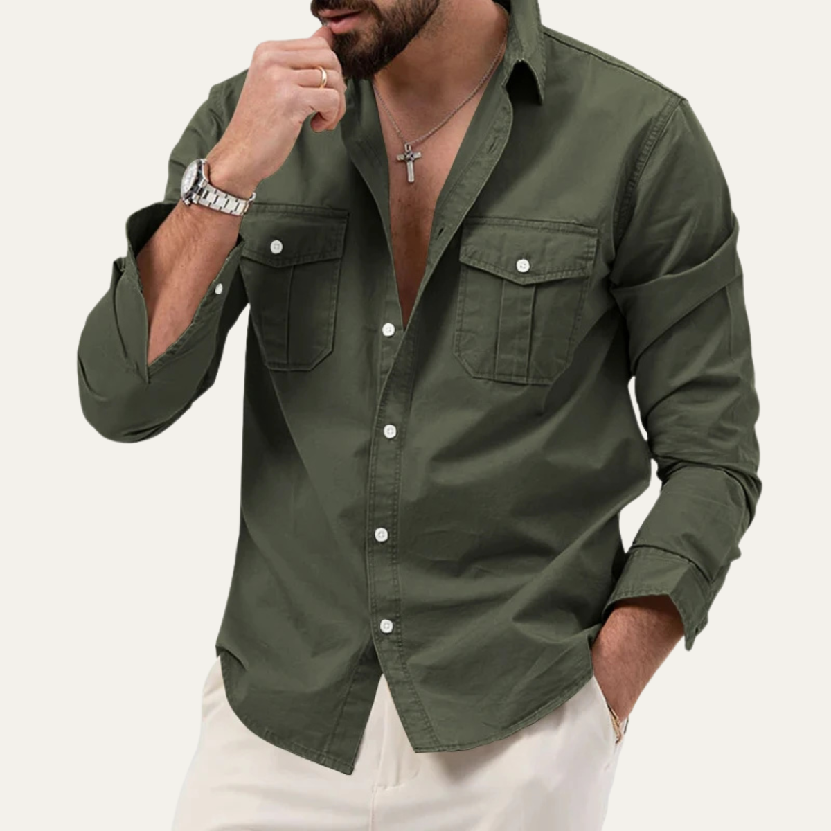 Męska koszula z długim rękawem i dwiema kieszeniami na piersi-Shirts for men-Olave