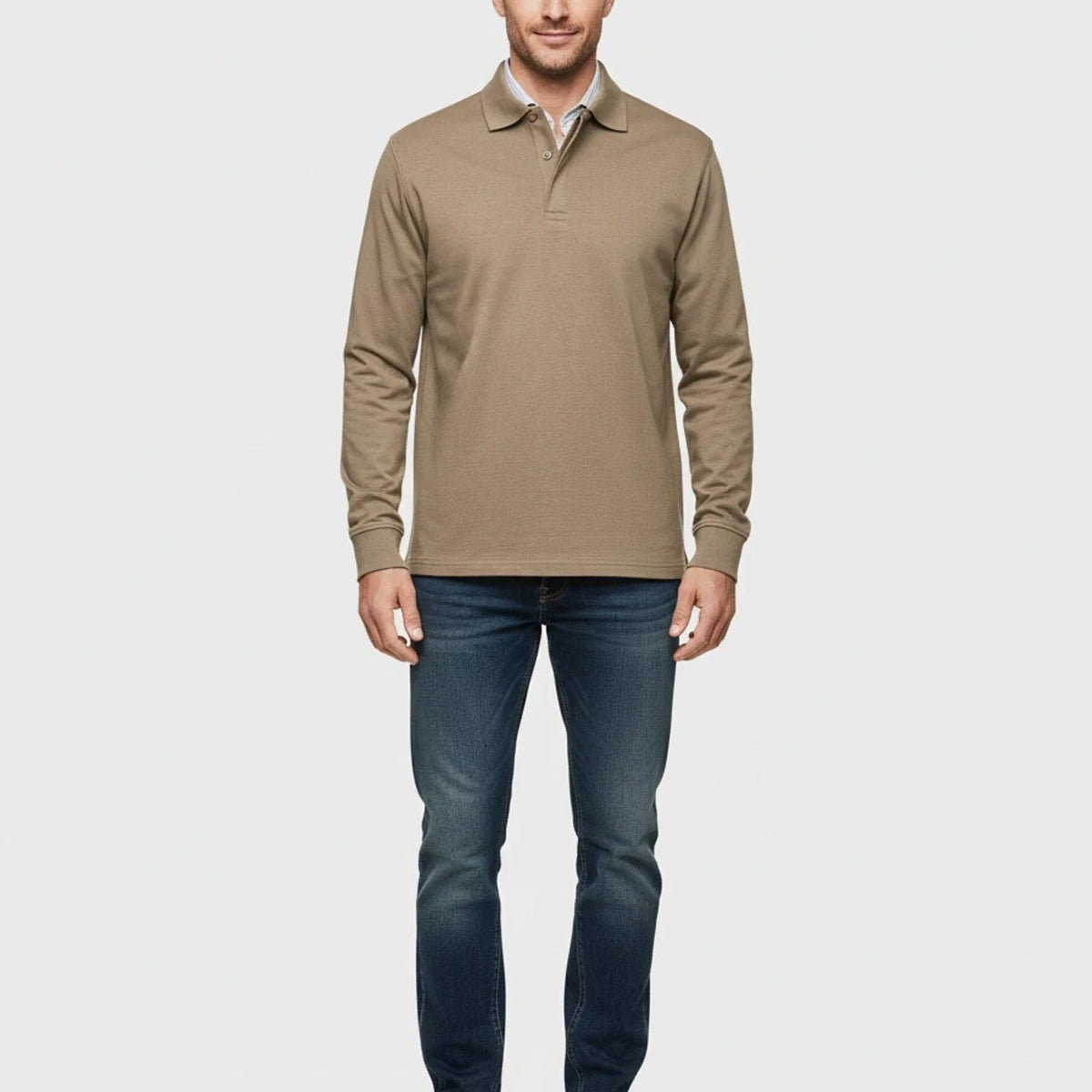 Męska koszulka polo z długim rękawem i zapięciem na guziki-Shirts for men-Olave