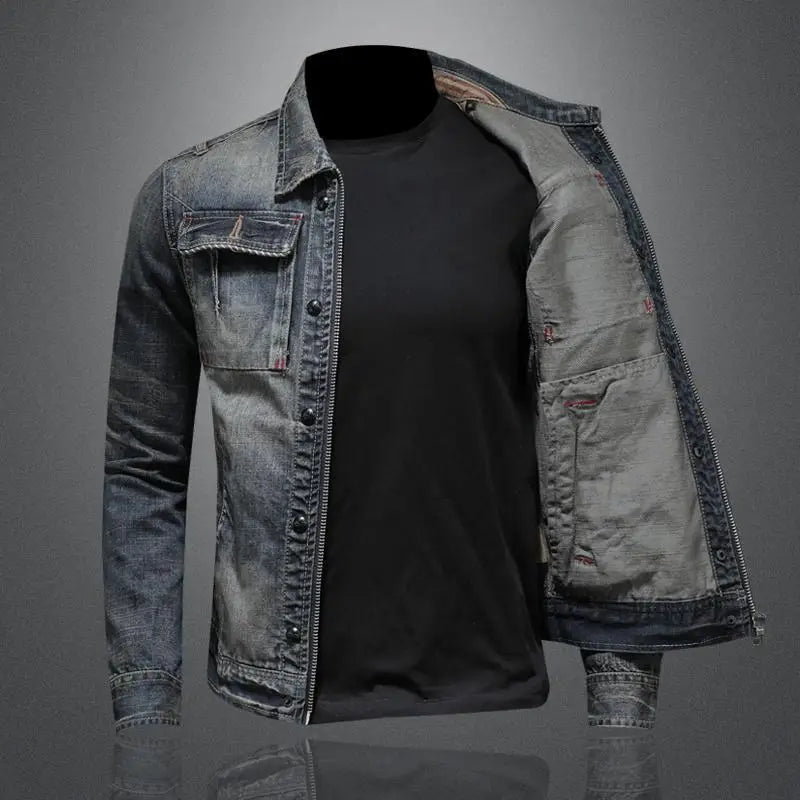 Męska kurtka jeansowa z zamkiem błyskawicznym i kieszeniami na piersi-Jackets for men-Olave