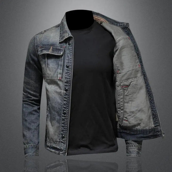 Męska kurtka jeansowa z zamkiem błyskawicznym i kieszeniami na piersi-Jackets for men-Olave