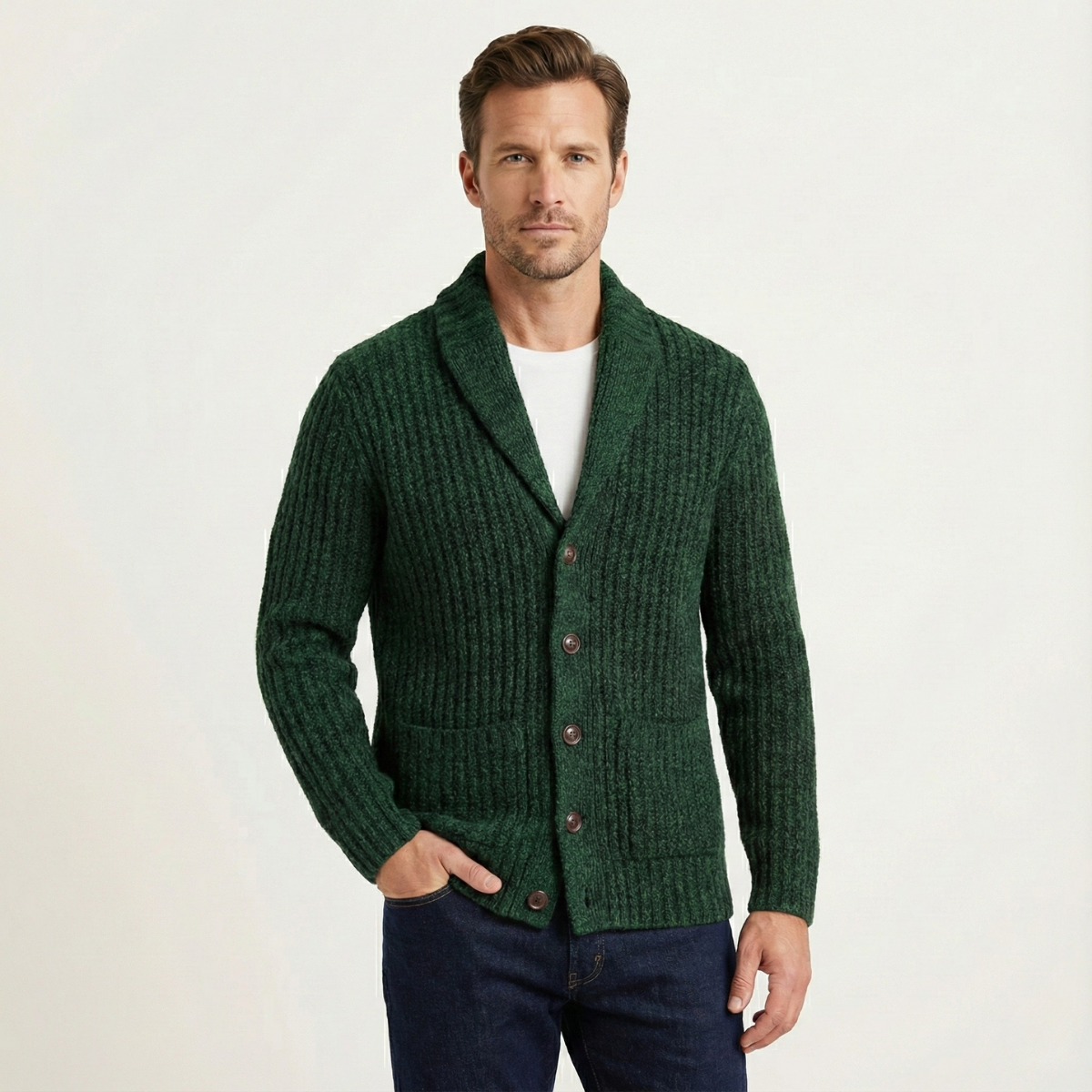 Męski kardigan o grubym splocie z szalowym kołnierzem-Cardigan for men-Olave