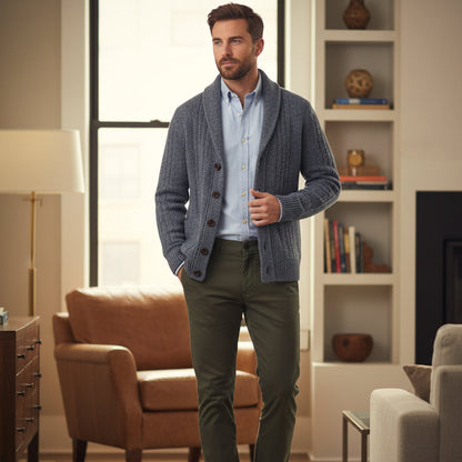 Męski kardigan z szalowym kołnierzem i warkoczowym splotem-Cardigan for men-Olave