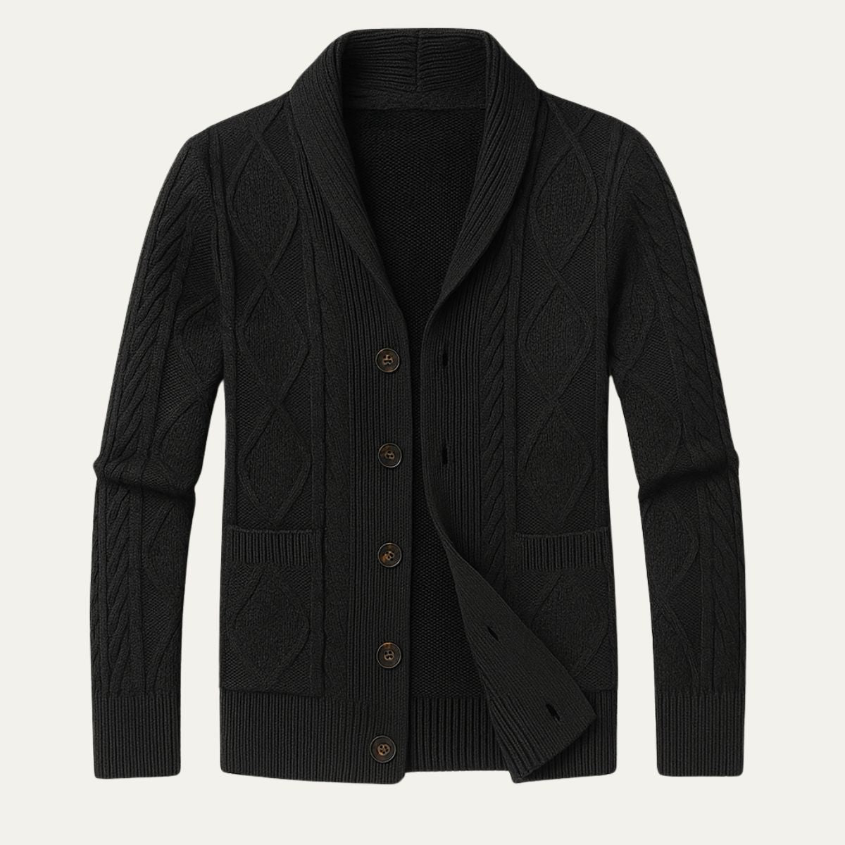 Męski kardigan z szalowym kołnierzem i warkoczowym splotem-Cardigan for men-Olave