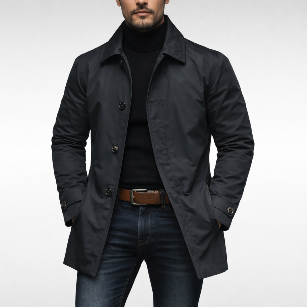 Męski płaszcz średniej długości zapinany na guziki-Coats for men-Olave