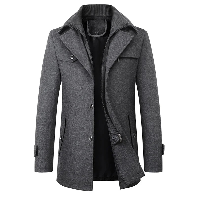 Męski płaszcz typu pea coat średniej długości z wewnętrzną warstwą na zamek-Coats for men-Olave
