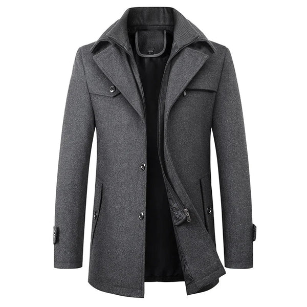 Męski płaszcz typu pea coat średniej długości z wewnętrzną warstwą na zamek-Coats for men-Olave