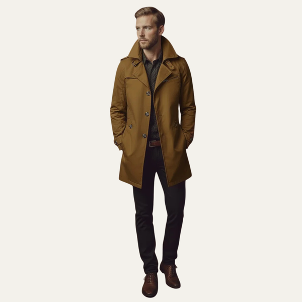 Męski płaszcz typu trencz o kroju slim fit z kołnierzem z klapami-Coats for men-Olave