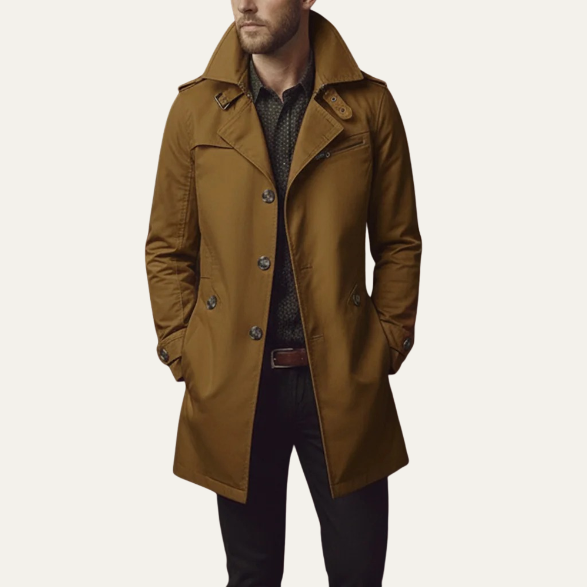 Męski płaszcz typu trencz o kroju slim fit z kołnierzem z klapami-Coats for men-Olave