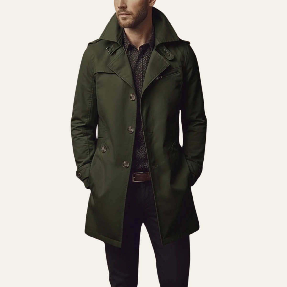 Męski płaszcz typu trencz o kroju slim fit z kołnierzem z klapami-Coats for men-Olave