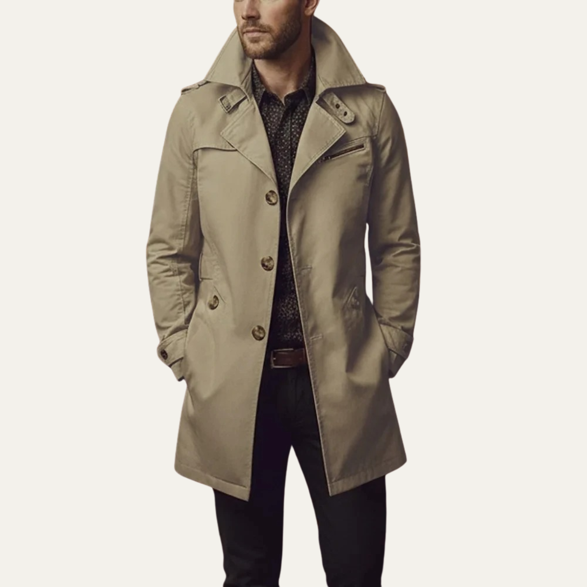Męski płaszcz typu trencz o kroju slim fit z kołnierzem z klapami-Coats for men-Olave