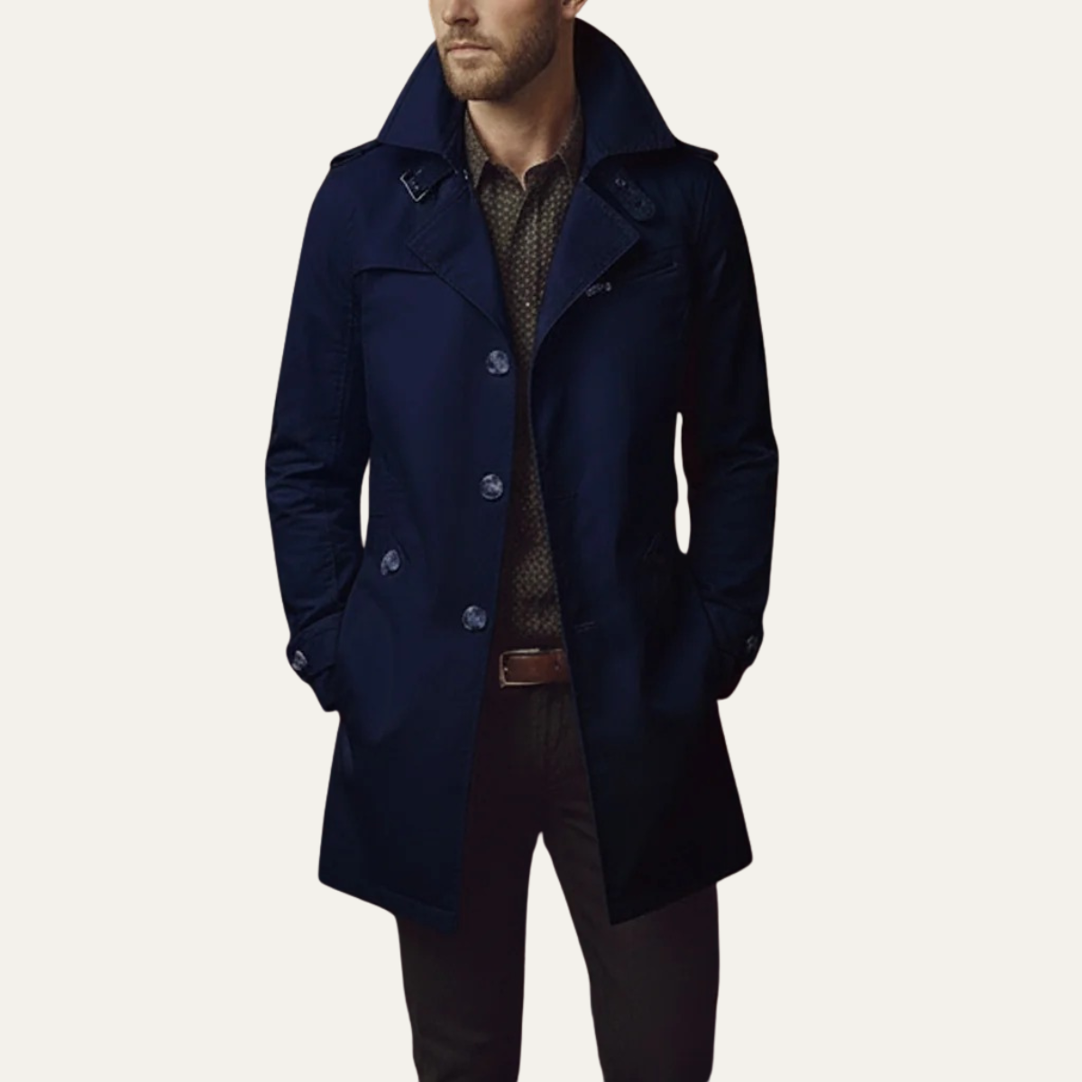 Męski płaszcz typu trencz o kroju slim fit z kołnierzem z klapami-Coats for men-Olave