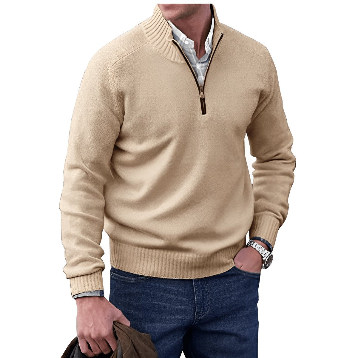 Męski sweter z dzianiny zapinany na zamek pod szyją z prążkowanym wykończeniem-Sweaters for men-Olave