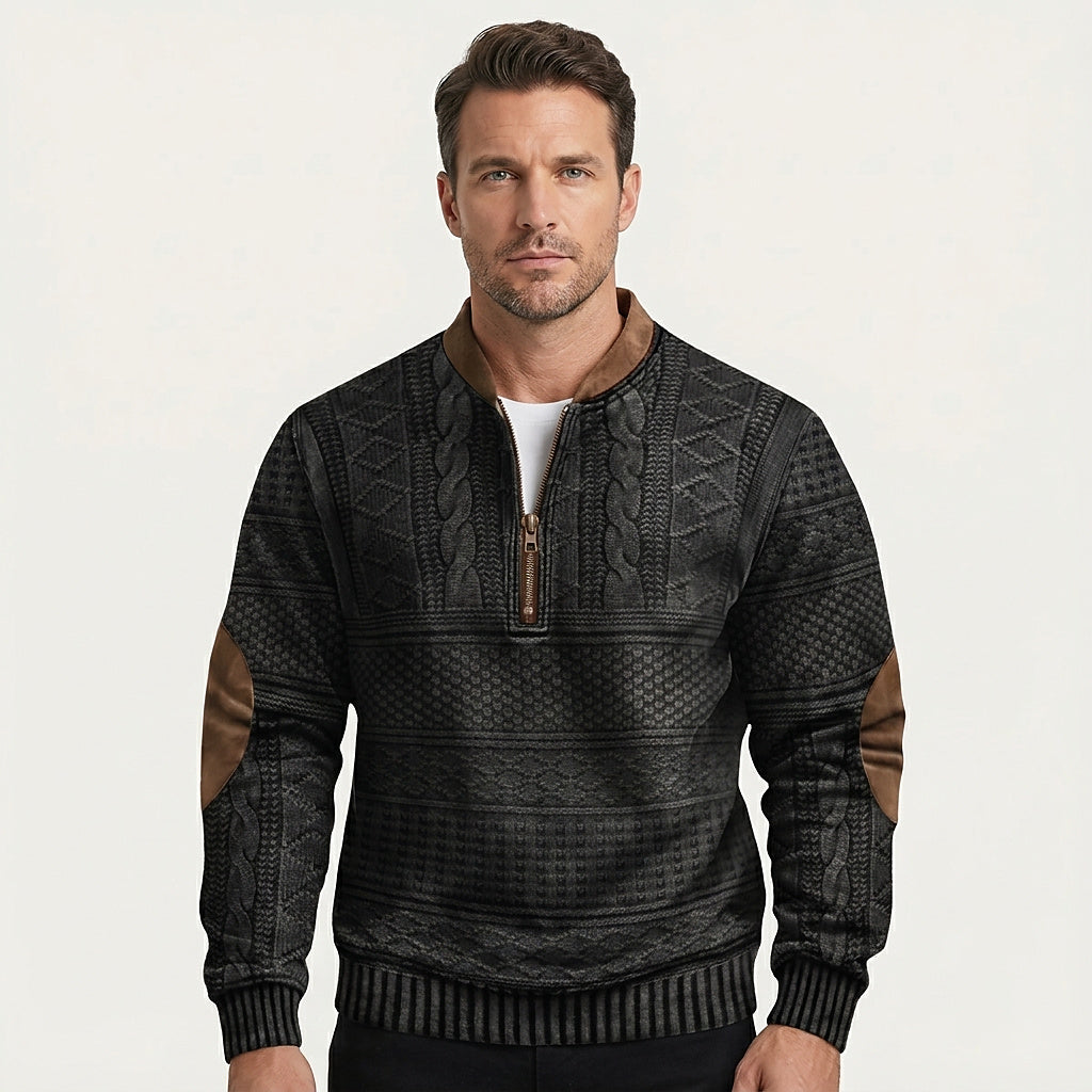 Męski wzorzysty sweter z dzianiny zapinany na zamek pod szyją z łatami na łokciach-Sweaters for men-Olave