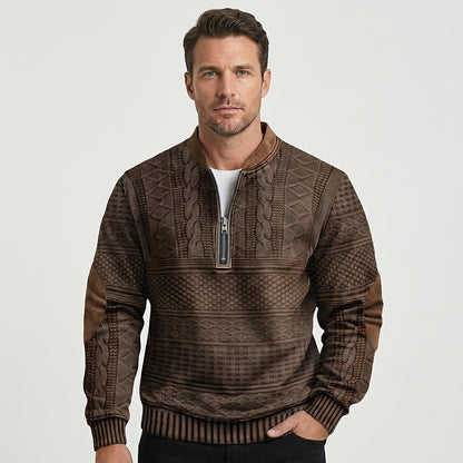 Męski wzorzysty sweter z dzianiny zapinany na zamek pod szyją z łatami na łokciach-Sweaters for men-Olave