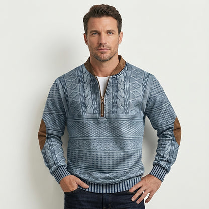 Męski wzorzysty sweter z dzianiny zapinany na zamek pod szyją z łatami na łokciach-Sweaters for men-Olave
