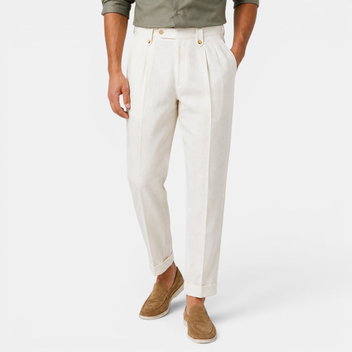Męskie spodnie lniane z prostymi nogawkami i zakładkami-Pants for Men-Olave