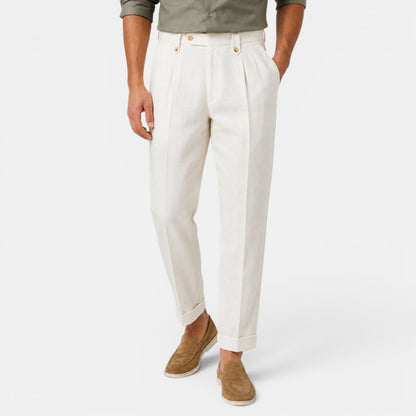 Męskie spodnie lniane z prostymi nogawkami i zakładkami-Pants for Men-Olave