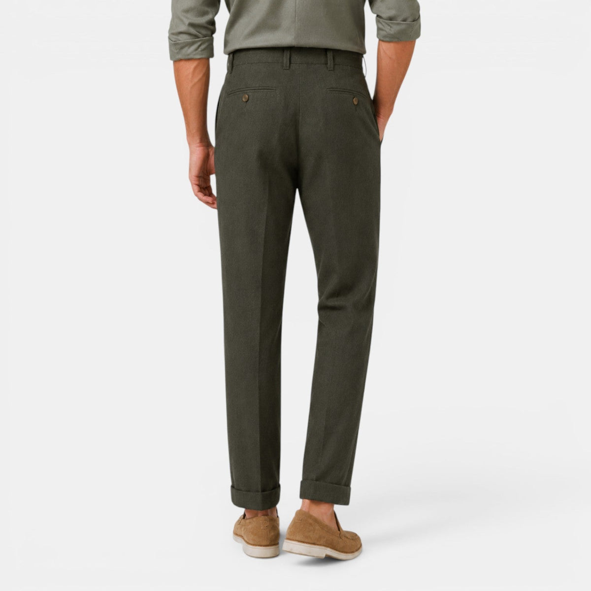 Męskie spodnie lniane z prostymi nogawkami i zakładkami-Pants for Men-Olave