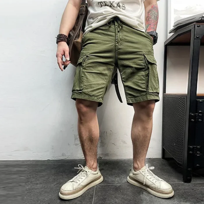 Męskie szorty cargo z elastycznym pasem i kieszeniami z klapkami-Shorts for men-Olave